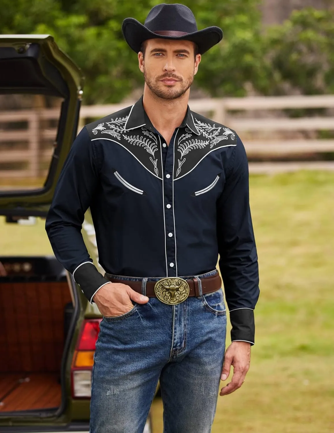 COOFANDY Men's Western Cowboy Shirt Embroidered Button Down Long Sleeve Shirts
