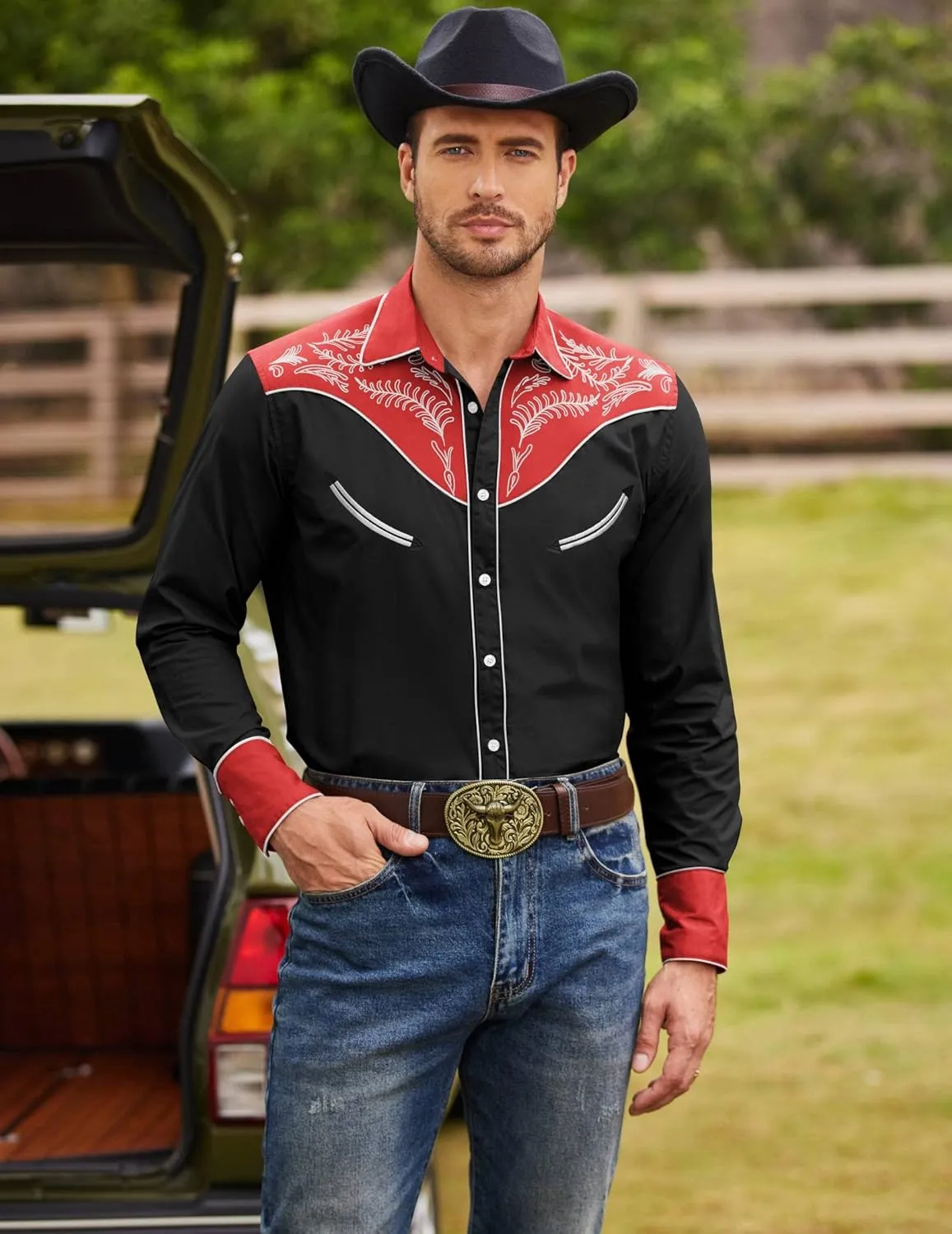 COOFANDY Men's Western Cowboy Shirt Embroidered Button Down Long Sleeve Shirts