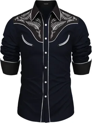 COOFANDY Men's Western Cowboy Shirt Embroidered Button Down Long Sleeve Shirts