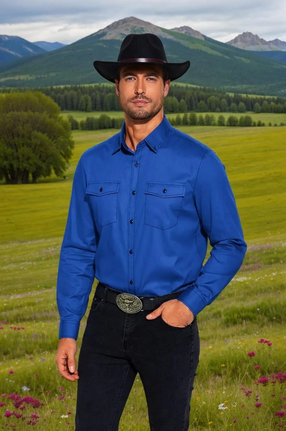 COOFANDY Mens Western Cowboy Shirts Cotton Long Sleeve Shirts with Two Pockets Embroidered