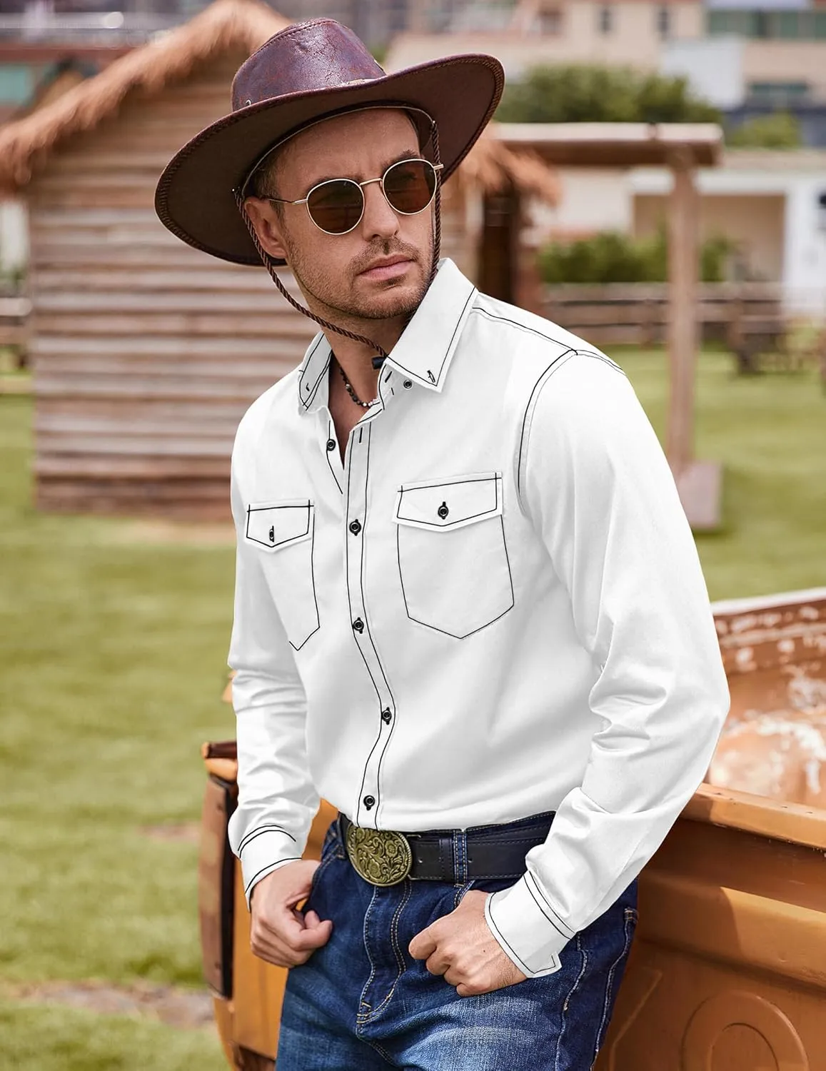 COOFANDY Mens Western Cowboy Shirts Cotton Long Sleeve Shirts with Two Pockets Embroidered