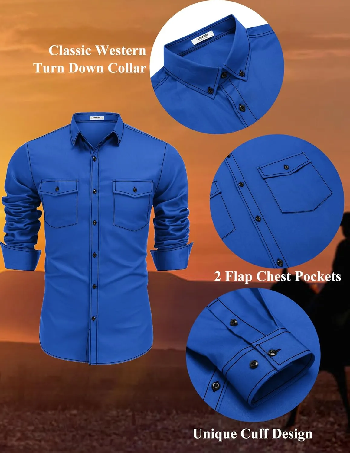 COOFANDY Mens Western Cowboy Shirts Cotton Long Sleeve Shirts with Two Pockets Embroidered