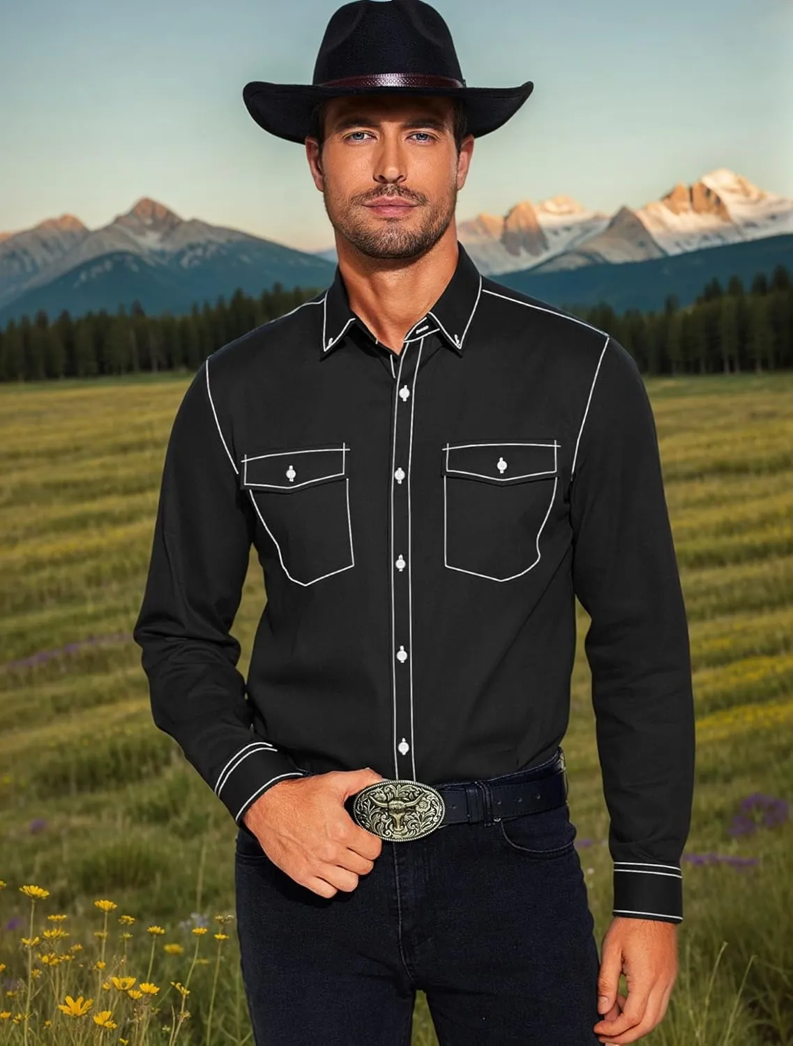 COOFANDY Mens Western Cowboy Shirts Cotton Long Sleeve Shirts with Two Pockets Embroidered