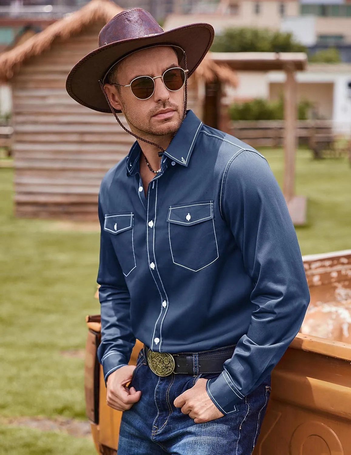 COOFANDY Mens Western Cowboy Shirts Cotton Long Sleeve Shirts with Two Pockets Embroidered