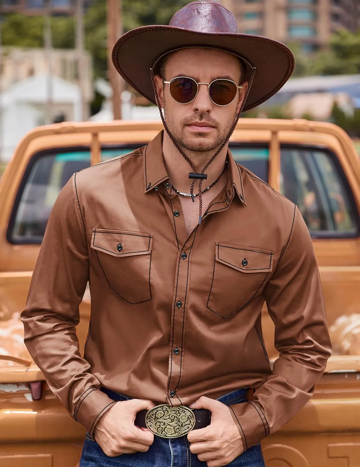 COOFANDY Mens Western Cowboy Shirts Cotton Long Sleeve Shirts with Two Pockets Embroidered