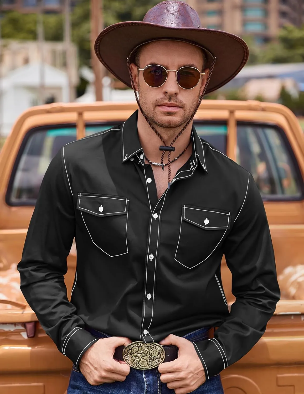 COOFANDY Mens Western Cowboy Shirts Cotton Long Sleeve Shirts with Two Pockets Embroidered