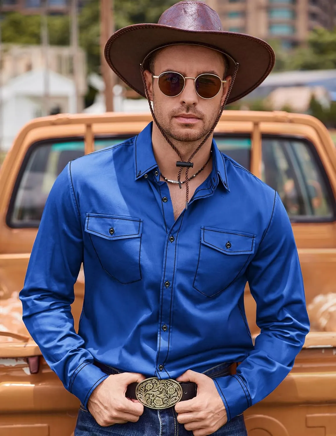 COOFANDY Mens Western Cowboy Shirts Cotton Long Sleeve Shirts with Two Pockets Embroidered
