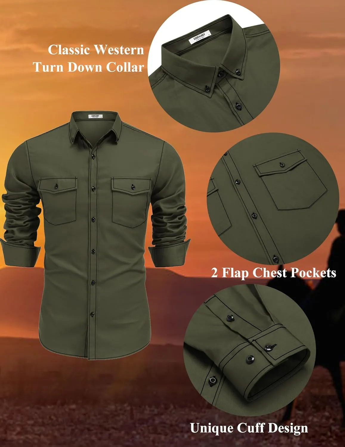 COOFANDY Mens Western Cowboy Shirts Cotton Long Sleeve Shirts with Two Pockets Embroidered