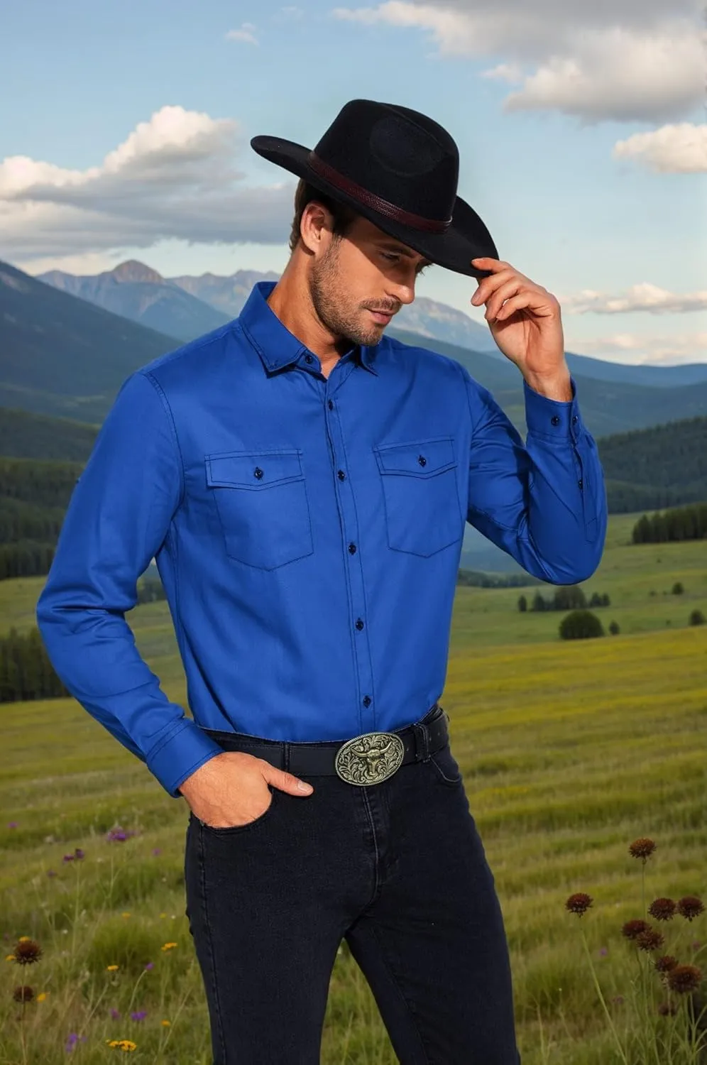 COOFANDY Mens Western Cowboy Shirts Cotton Long Sleeve Shirts with Two Pockets Embroidered