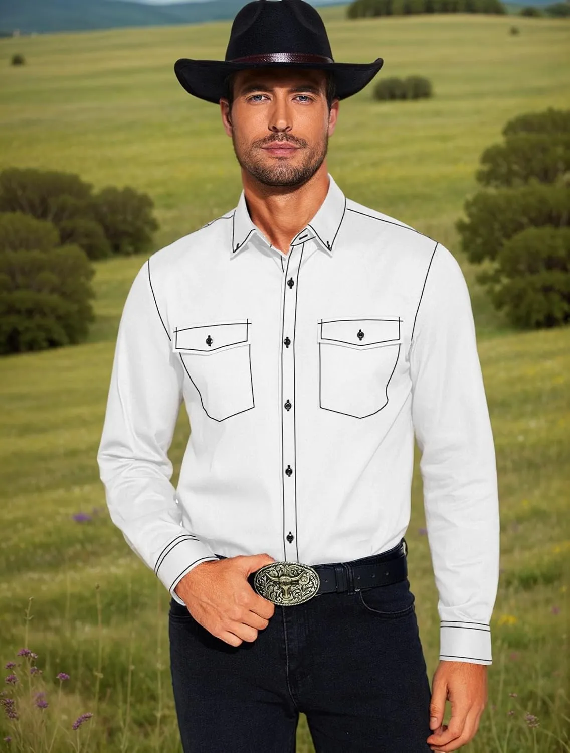 COOFANDY Mens Western Cowboy Shirts Cotton Long Sleeve Shirts with Two Pockets Embroidered