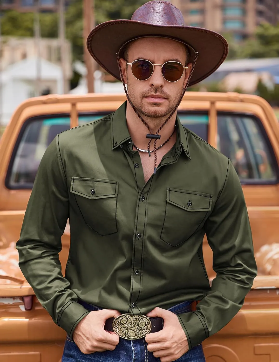 COOFANDY Mens Western Cowboy Shirts Cotton Long Sleeve Shirts with Two Pockets Embroidered