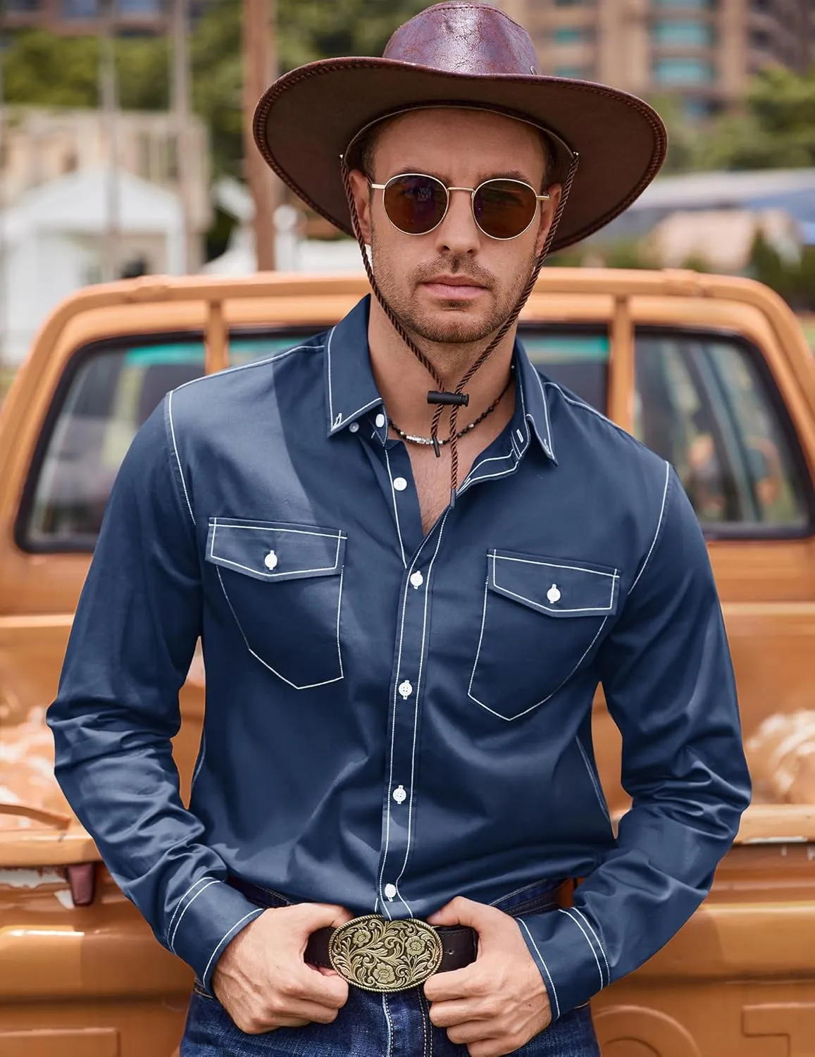 COOFANDY Mens Western Cowboy Shirts Cotton Long Sleeve Shirts with Two Pockets Embroidered