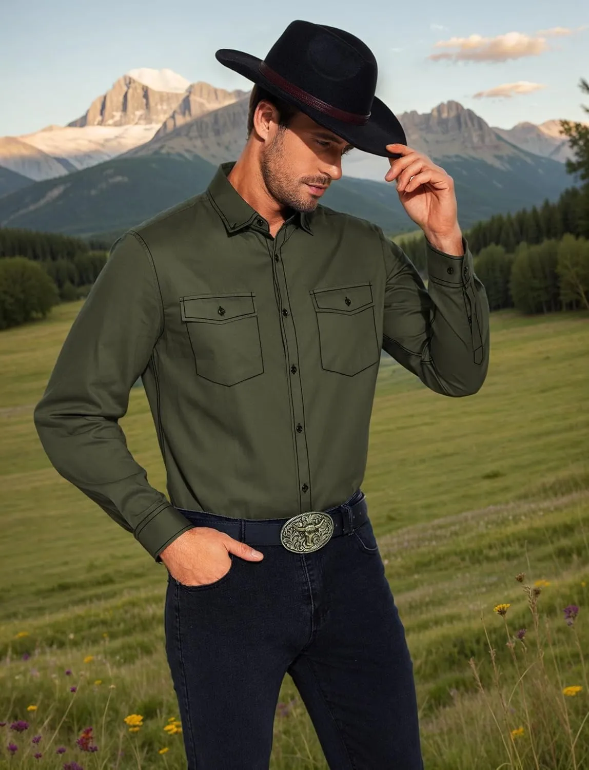 COOFANDY Mens Western Cowboy Shirts Cotton Long Sleeve Shirts with Two Pockets Embroidered