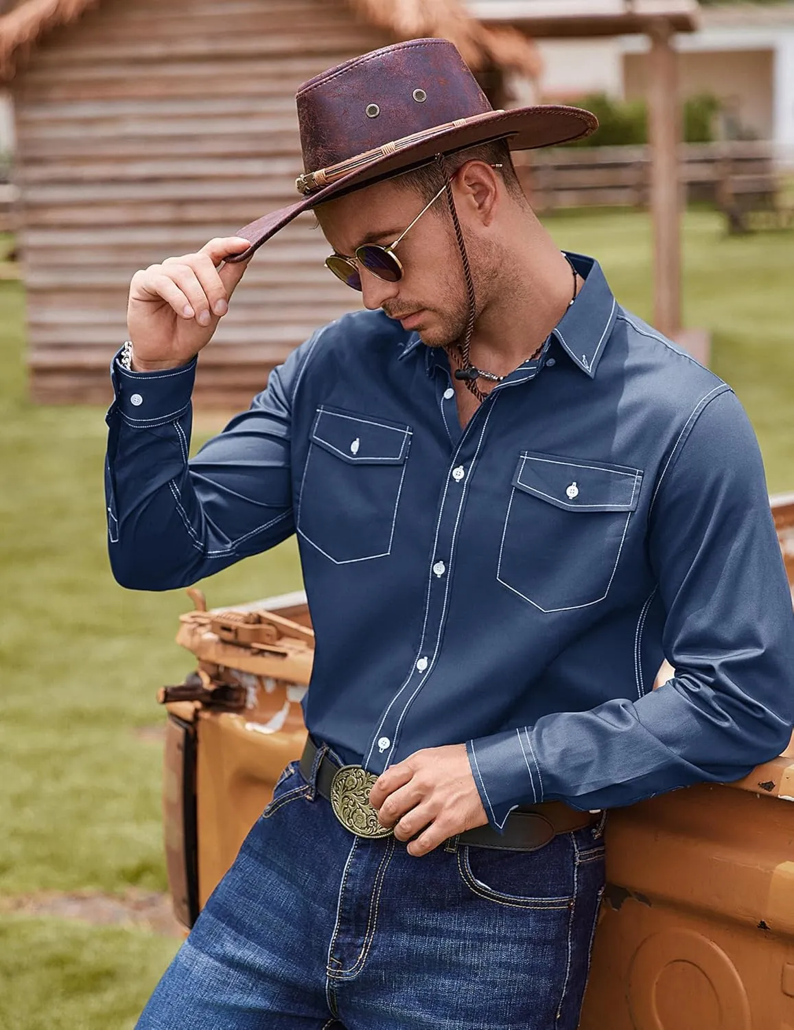 COOFANDY Mens Western Cowboy Shirts Cotton Long Sleeve Shirts with Two Pockets Embroidered