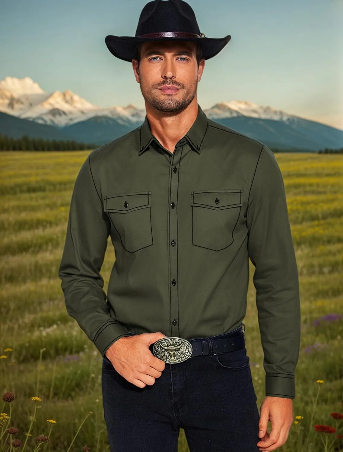 COOFANDY Mens Western Cowboy Shirts Cotton Long Sleeve Shirts with Two Pockets Embroidered