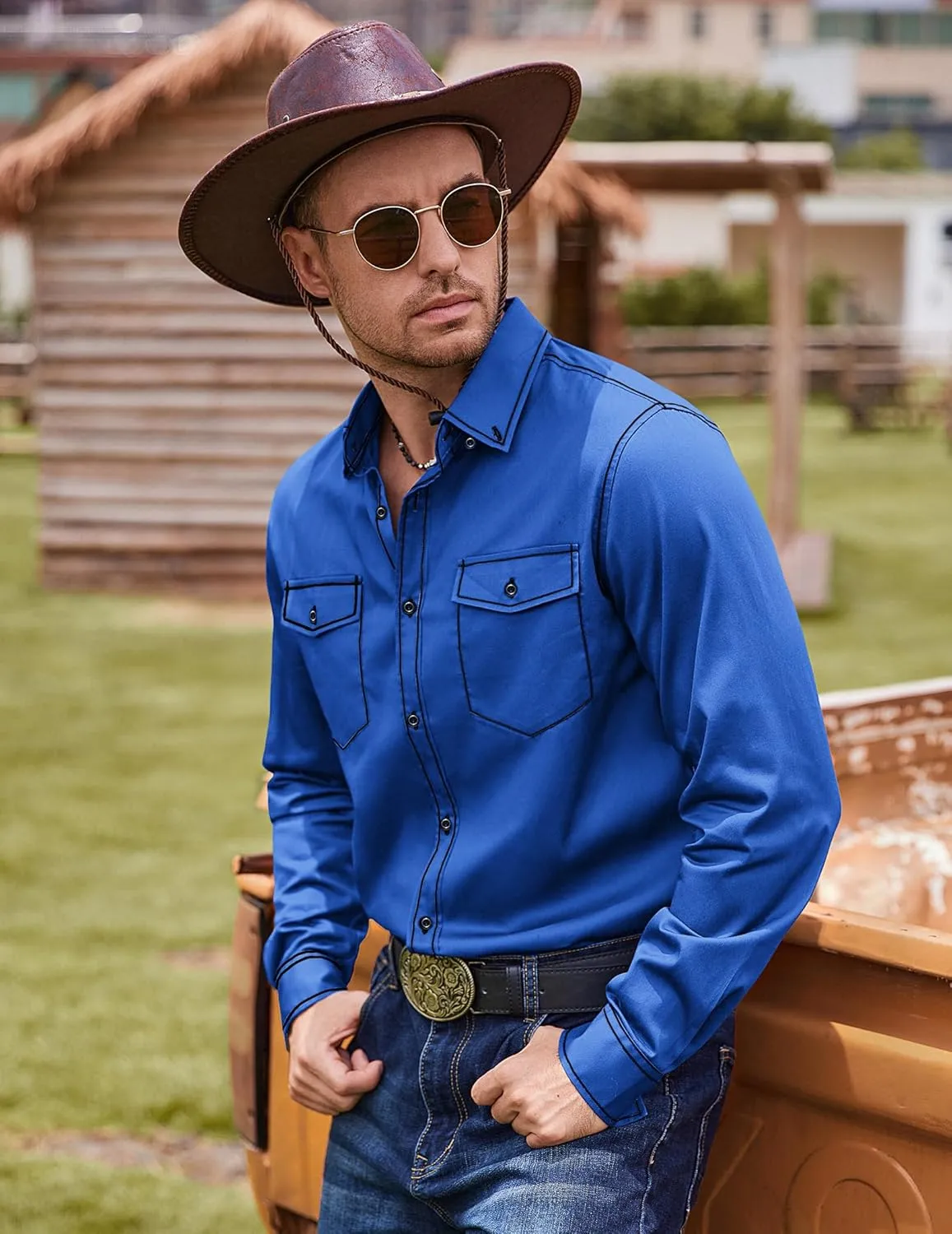 COOFANDY Mens Western Cowboy Shirts Cotton Long Sleeve Shirts with Two Pockets Embroidered