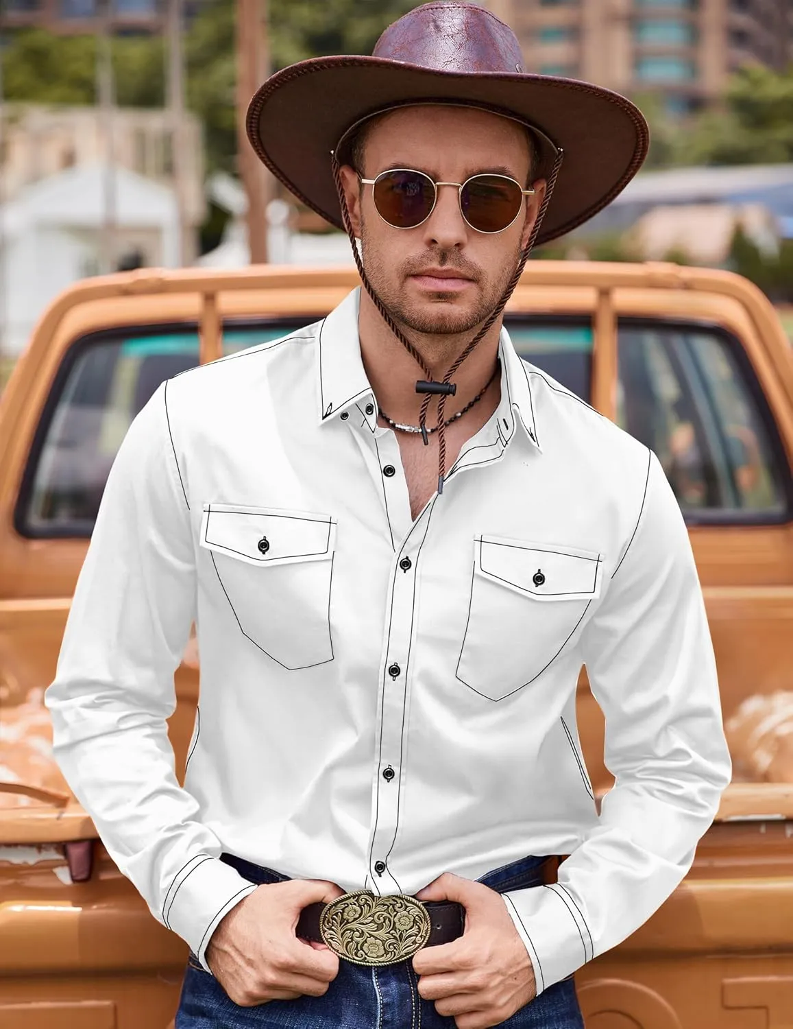 COOFANDY Mens Western Cowboy Shirts Cotton Long Sleeve Shirts with Two Pockets Embroidered