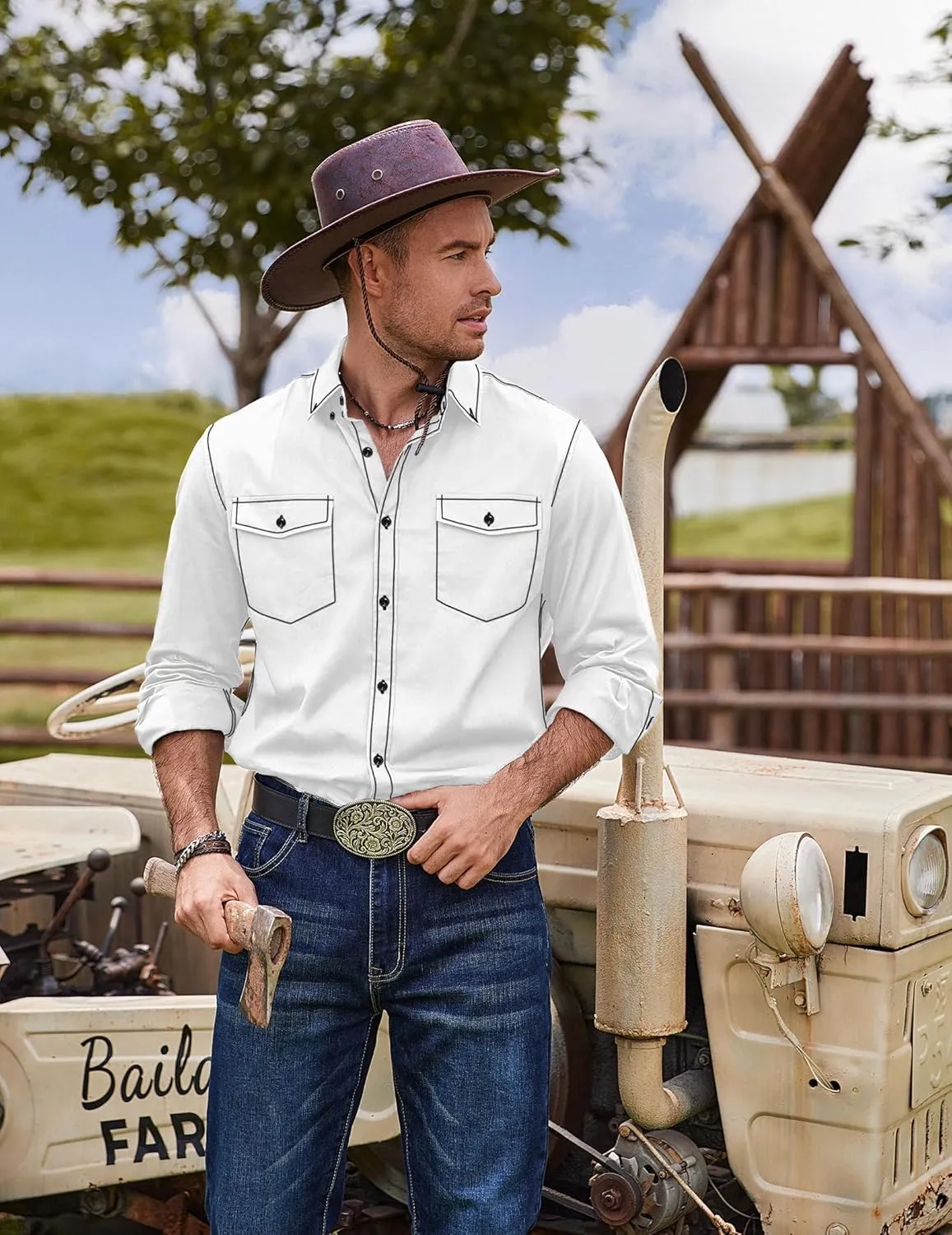 COOFANDY Mens Western Cowboy Shirts Cotton Long Sleeve Shirts with Two Pockets Embroidered