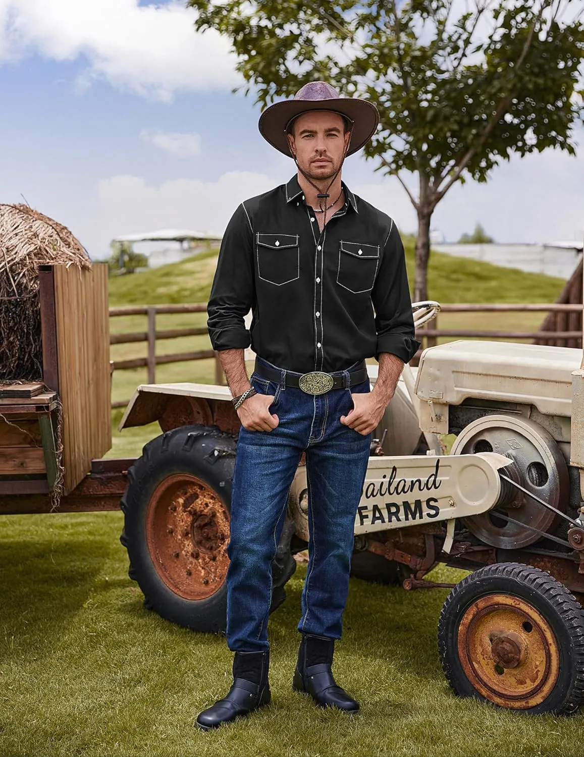 COOFANDY Mens Western Cowboy Shirts Cotton Long Sleeve Shirts with Two Pockets Embroidered
