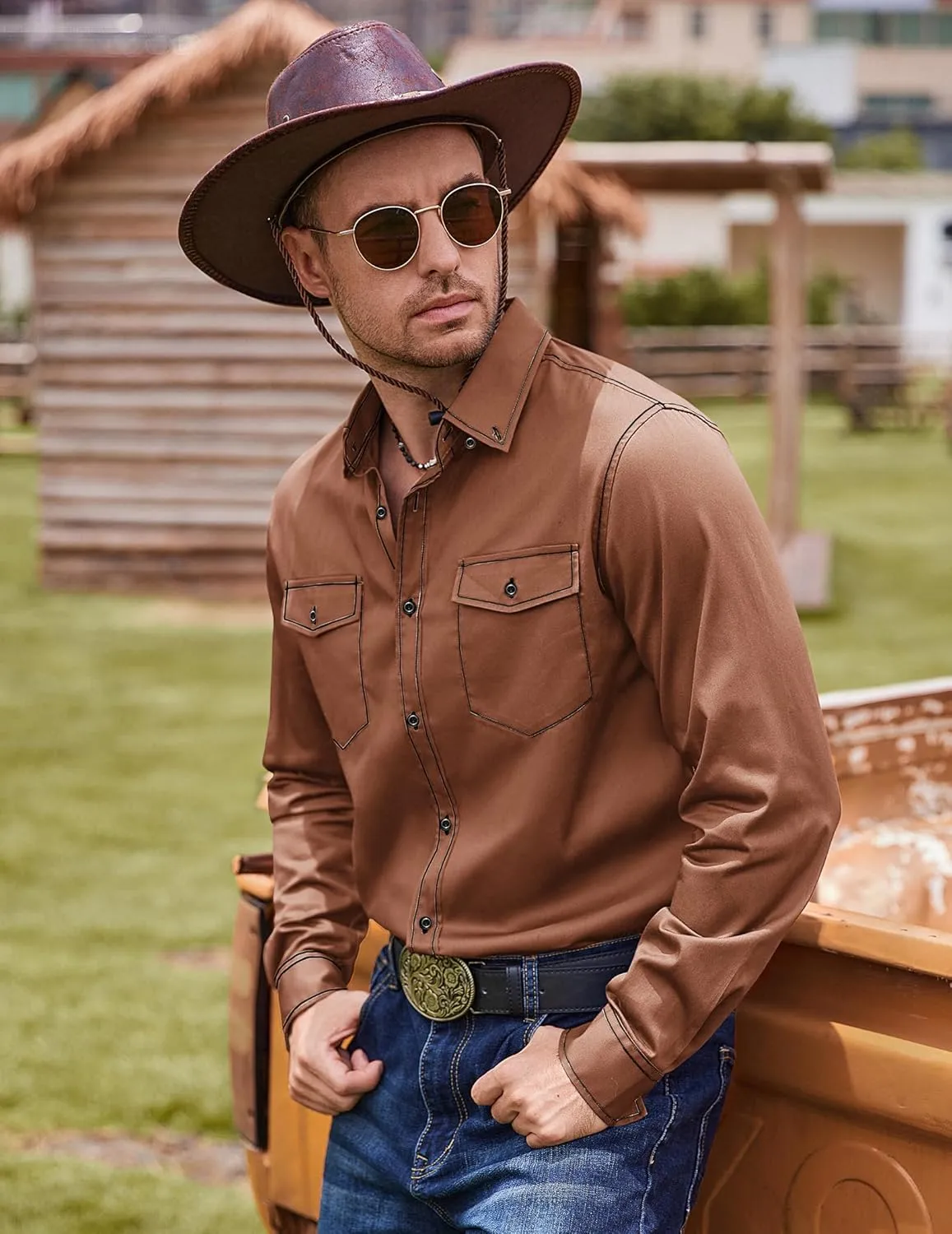 COOFANDY Mens Western Cowboy Shirts Cotton Long Sleeve Shirts with Two Pockets Embroidered