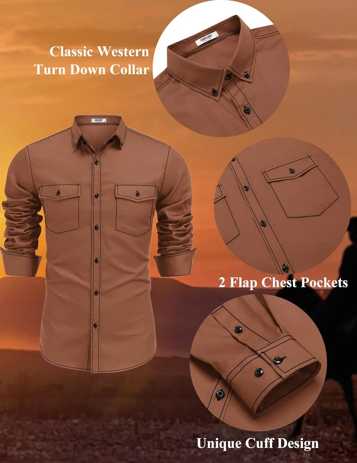 COOFANDY Mens Western Cowboy Shirts Cotton Long Sleeve Shirts with Two Pockets Embroidered