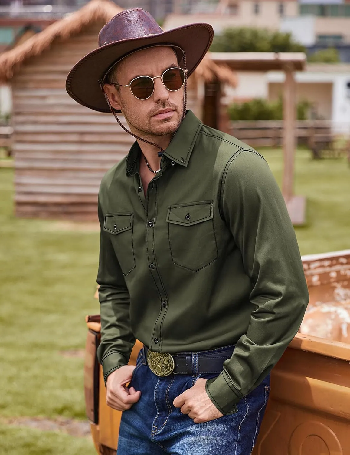 COOFANDY Mens Western Cowboy Shirts Cotton Long Sleeve Shirts with Two Pockets Embroidered