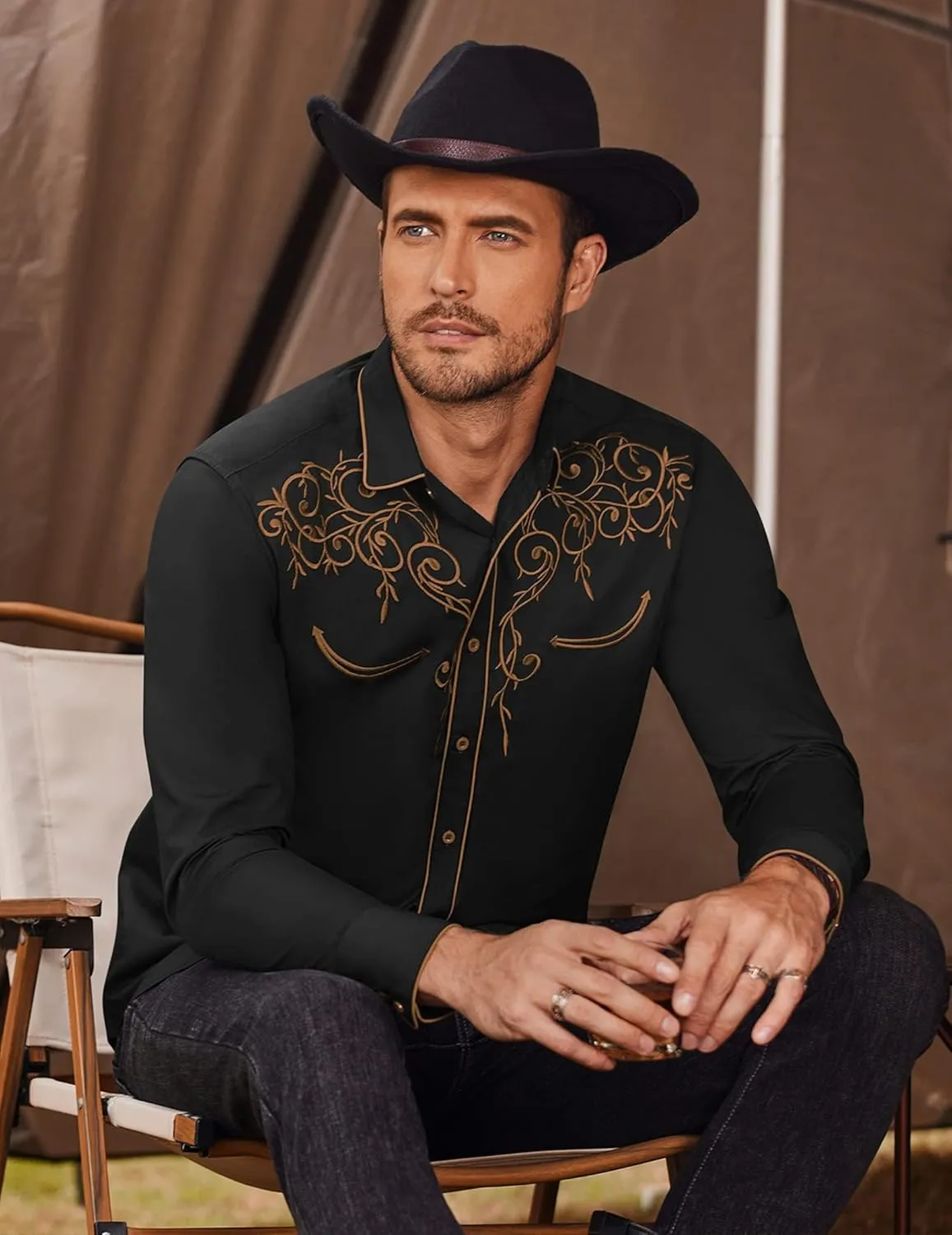 COOFANDY Men's Western Cowboy Shirts Long Sleeve Embroidered Shirt Slim Fit Casual Button Down Shirts