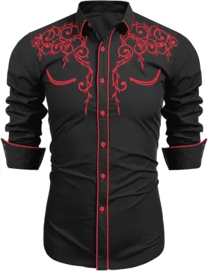 COOFANDY Men's Western Cowboy Shirts Long Sleeve Embroidered Shirt Slim Fit Casual Button Down Shirts