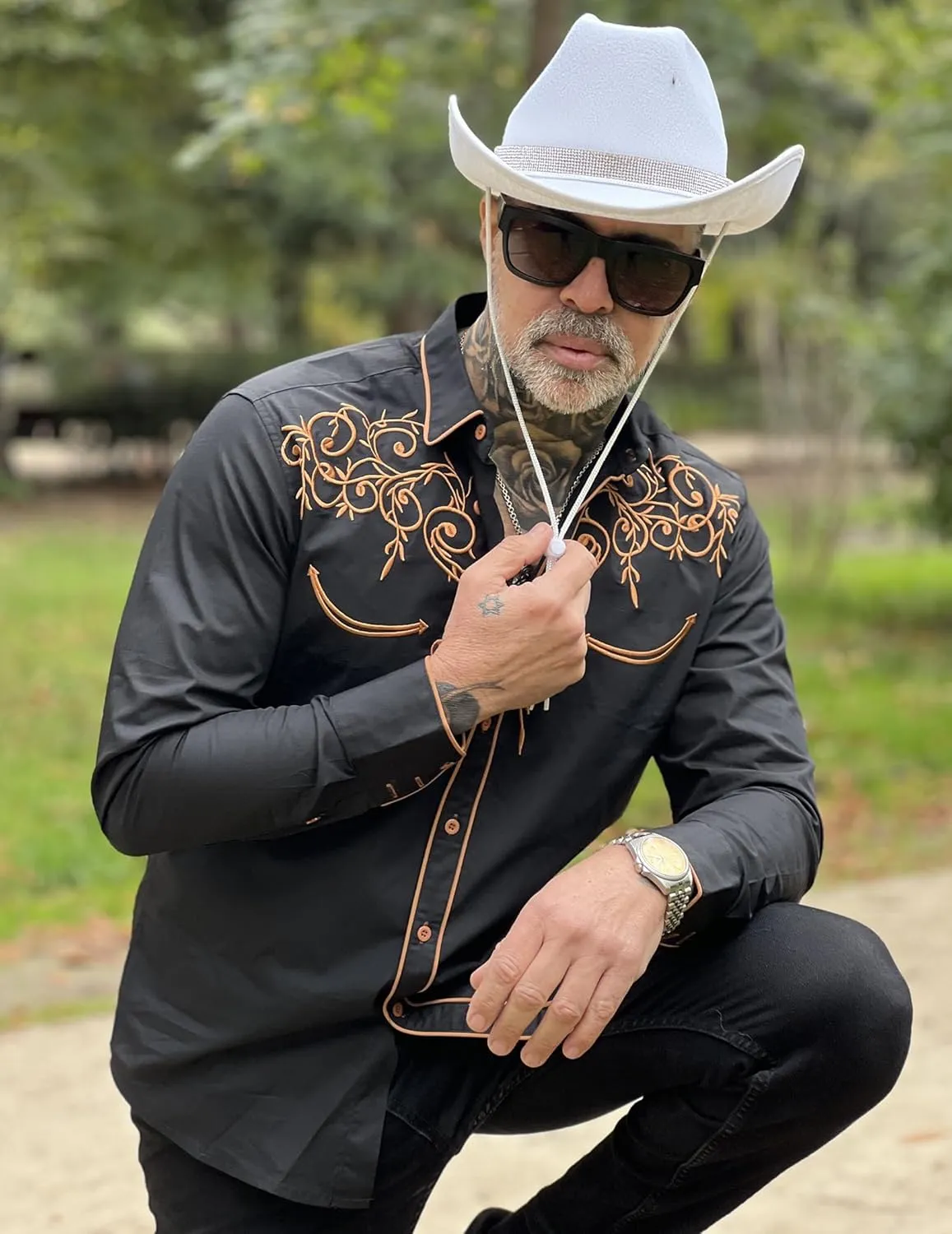 COOFANDY Men's Western Cowboy Shirts Long Sleeve Embroidered Shirt Slim Fit Casual Button Down Shirts