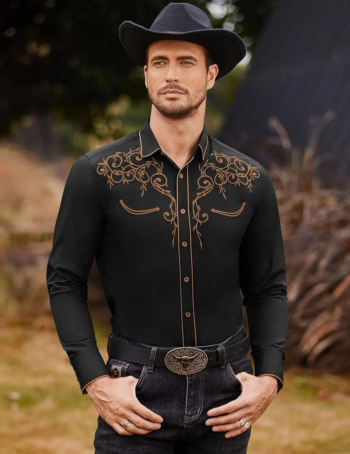 COOFANDY Men's Western Cowboy Shirts Long Sleeve Embroidered Shirt Slim Fit Casual Button Down Shirts