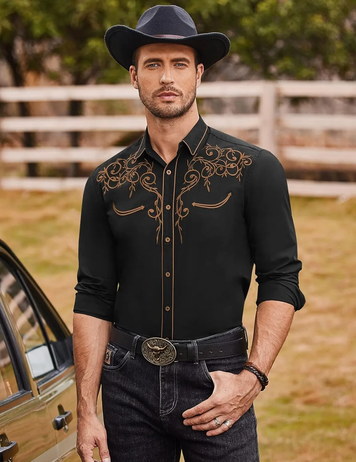 COOFANDY Men's Western Cowboy Shirts Long Sleeve Embroidered Shirt Slim Fit Casual Button Down Shirts