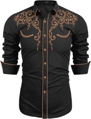 COOFANDY Men's Western Cowboy Shirts Long Sleeve Embroidered Shirt Slim Fit Casual Button Down Shirts