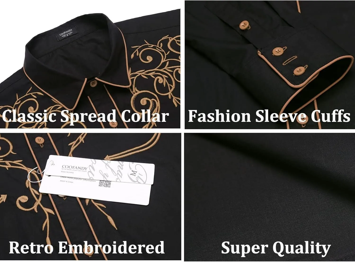 COOFANDY Men's Western Cowboy Shirts Long Sleeve Embroidered Shirt Slim Fit Casual Button Down Shirts