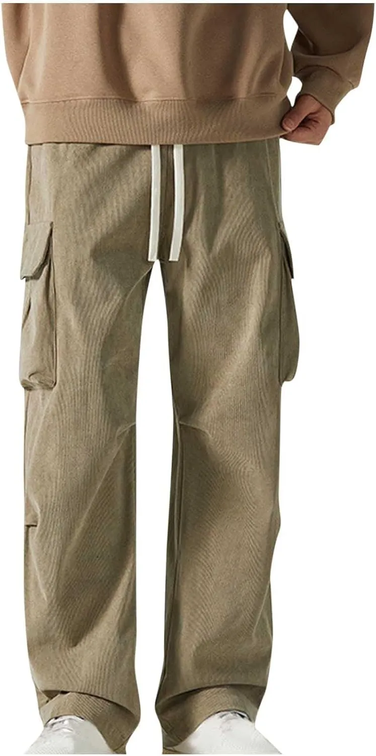 Corduroy Pants Men Straight Leg Trousers Baggy Elastic Waist Solid Casual Pant Lightweight Sweatpants Wide Leg Pants