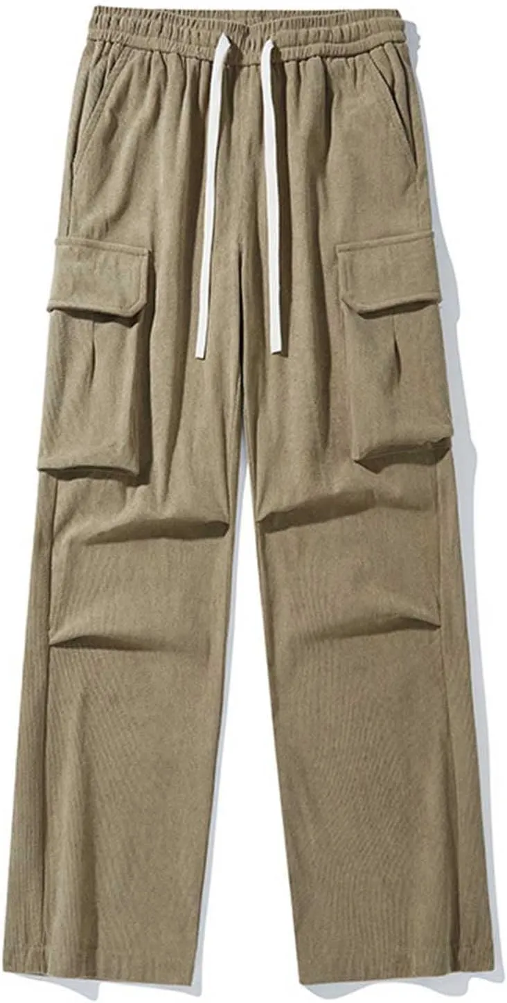 Corduroy Pants Men Straight Leg Trousers Baggy Elastic Waist Solid Casual Pant Lightweight Sweatpants Wide Leg Pants