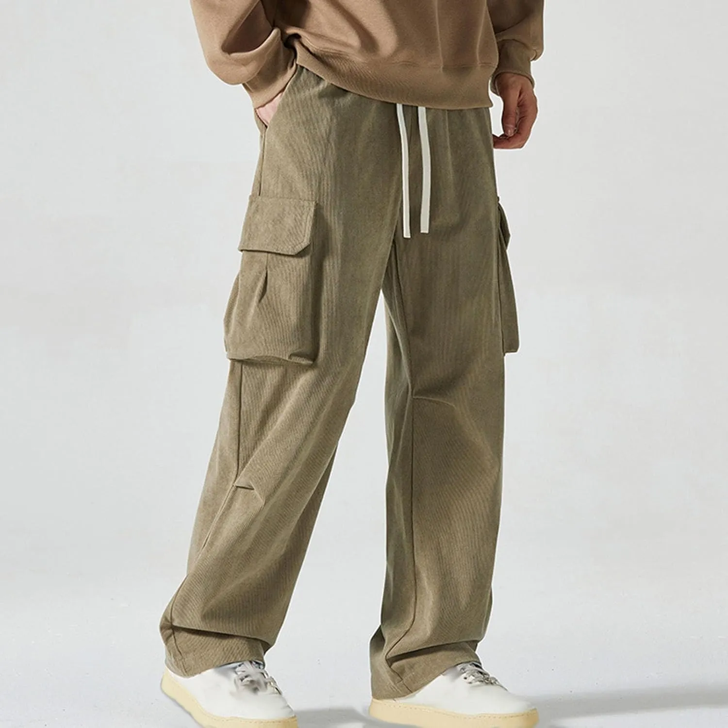 Corduroy Pants Men Straight Leg Trousers Baggy Elastic Waist Solid Casual Pant Lightweight Sweatpants Wide Leg Pants