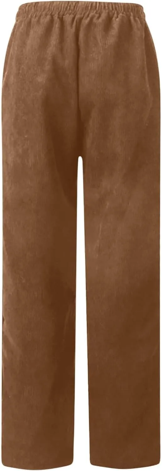 Corduroy Trousers Women Elastic Waist Drawstring Loose Straight Leg Pants Fashion Solid Lightweight with Pockets