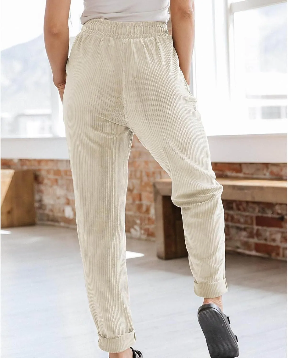 Corduroy Trousers Women Elastic Waist Drawstring Loose Straight Leg Pants Fashion Solid Lightweight with Pockets