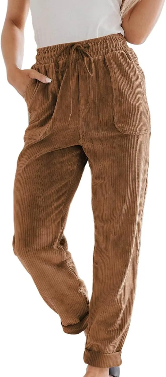 Corduroy Trousers Women Elastic Waist Drawstring Loose Straight Leg Pants Fashion Solid Lightweight with Pockets