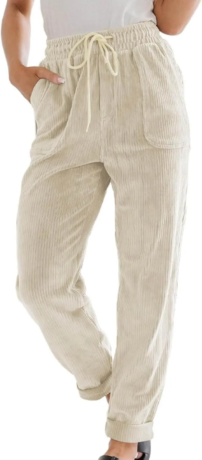 Corduroy Trousers Women Elastic Waist Drawstring Loose Straight Leg Pants Fashion Solid Lightweight with Pockets