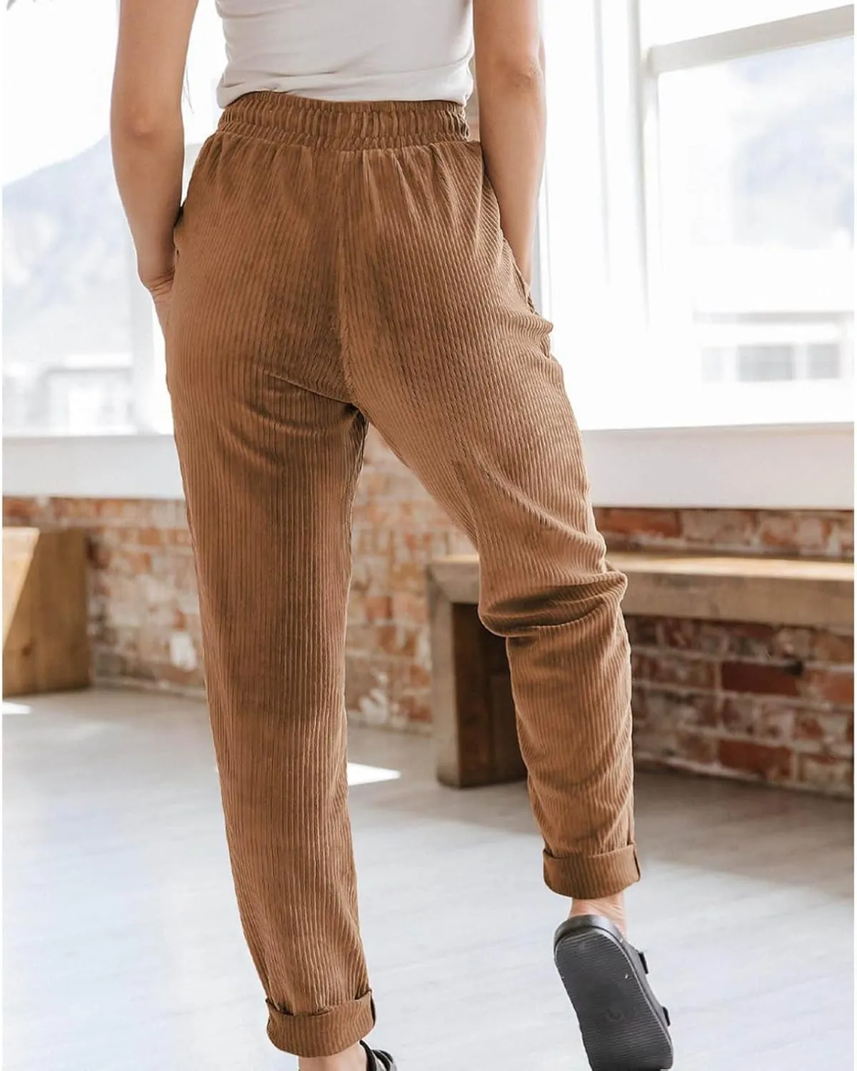 Corduroy Trousers Women Elastic Waist Drawstring Loose Straight Leg Pants Fashion Solid Lightweight with Pockets