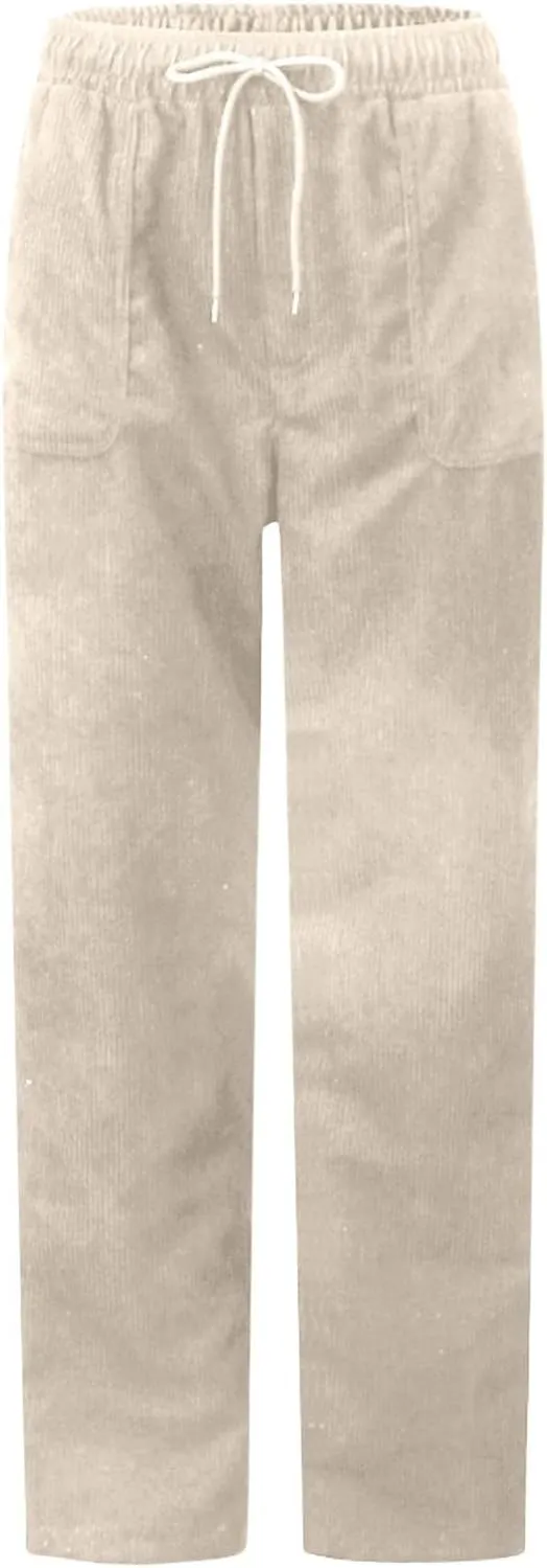 Corduroy Trousers Women Elastic Waist Drawstring Loose Straight Leg Pants Fashion Solid Lightweight with Pockets