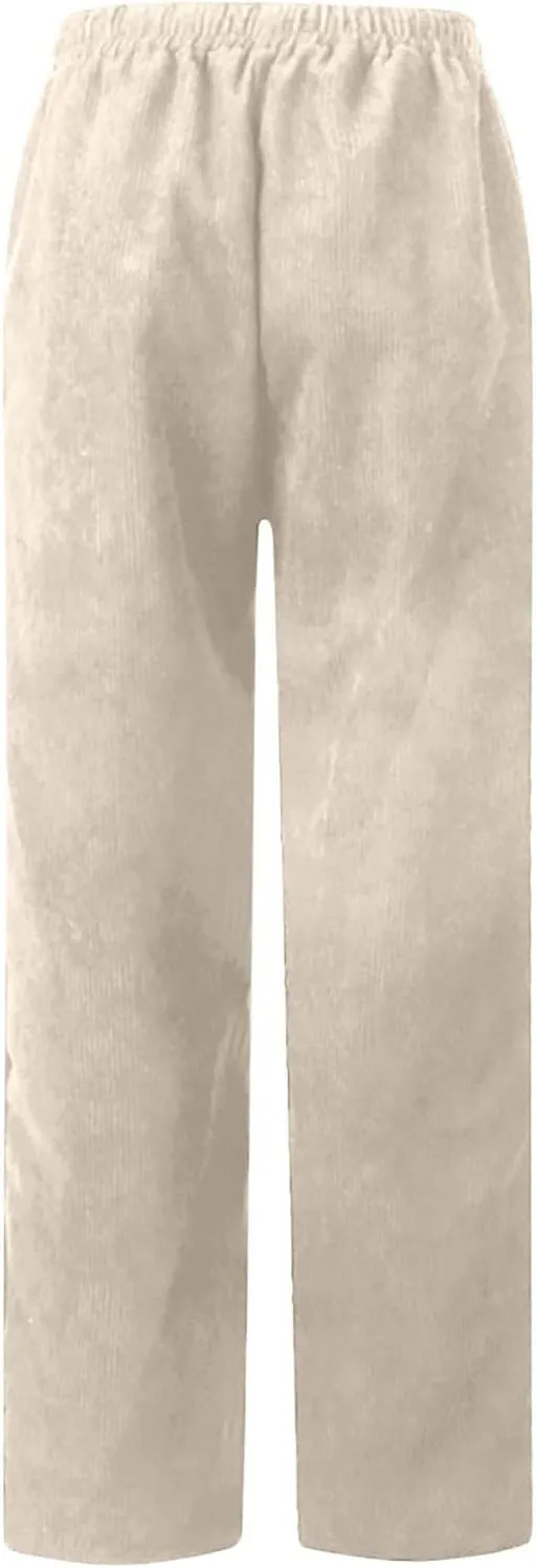 Corduroy Trousers Women Elastic Waist Drawstring Loose Straight Leg Pants Fashion Solid Lightweight with Pockets