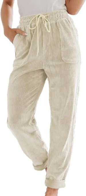 Corduroy Trousers Women Elastic Waist Drawstring Loose Straight Leg Pants Fashion Solid Lightweight with Pockets