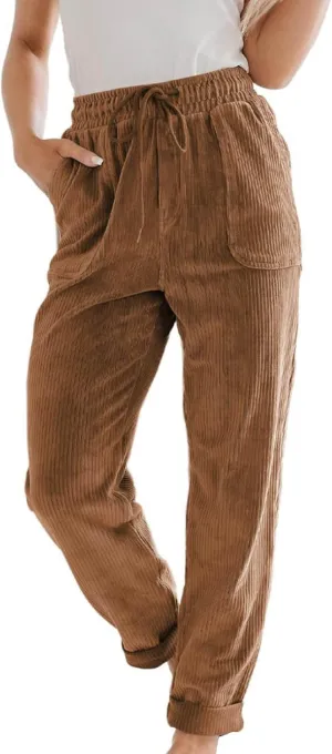 Corduroy Trousers Women Elastic Waist Drawstring Loose Straight Leg Pants Fashion Solid Lightweight with Pockets