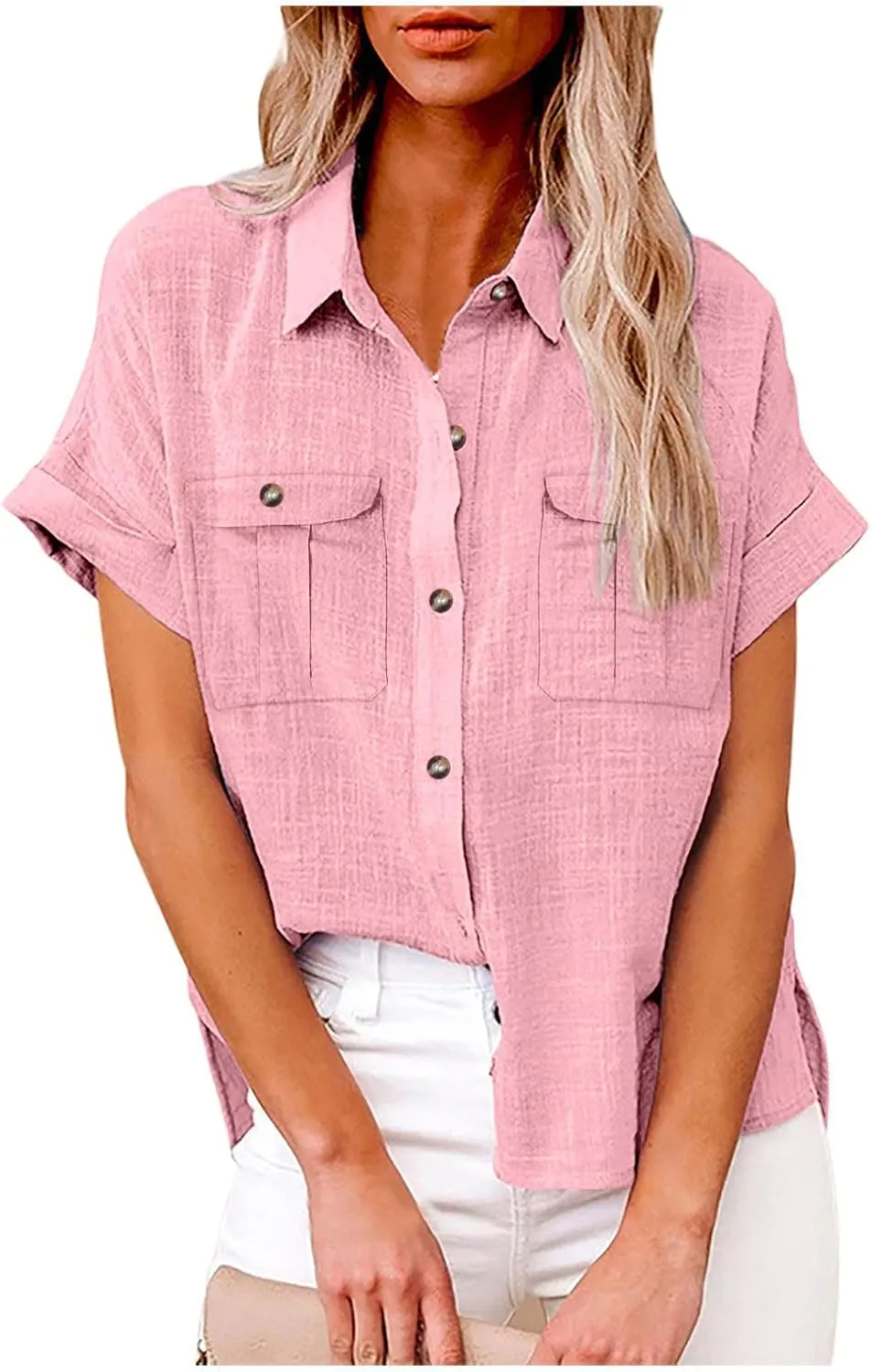 Cotton Linen Button Down Shirts for Women Short Sleeve Collared Summer Tops Dressy Business Casual Pockets Blouses