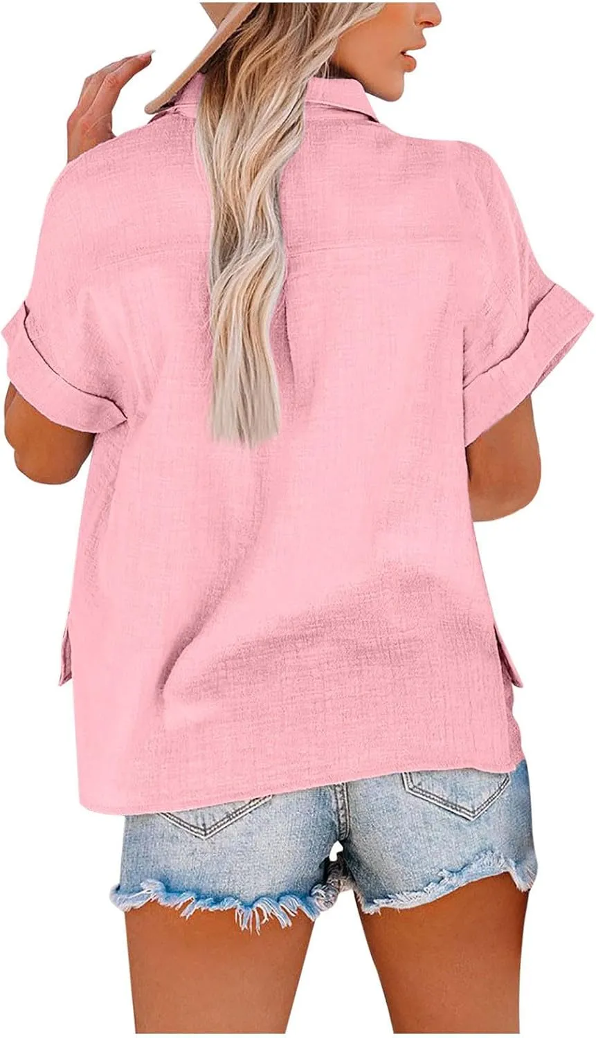 Cotton Linen Button Down Shirts for Women Short Sleeve Collared Summer Tops Dressy Business Casual Pockets Blouses