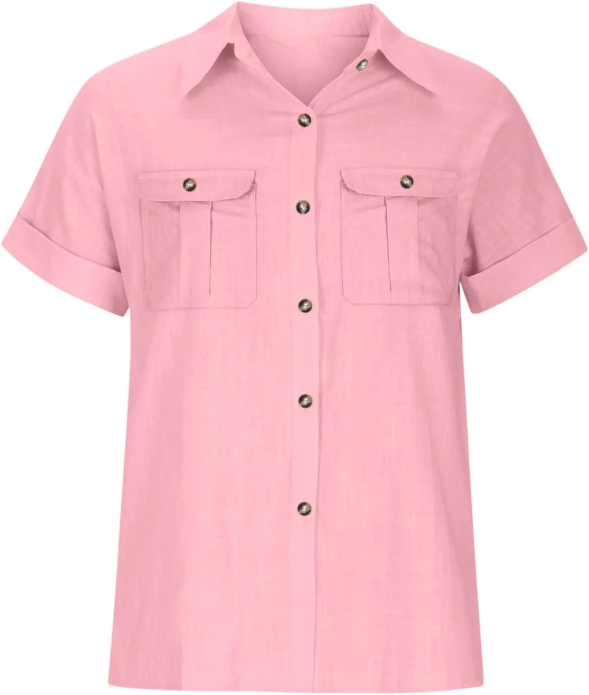 Cotton Linen Button Down Shirts for Women Short Sleeve Collared Summer Tops Dressy Business Casual Pockets Blouses