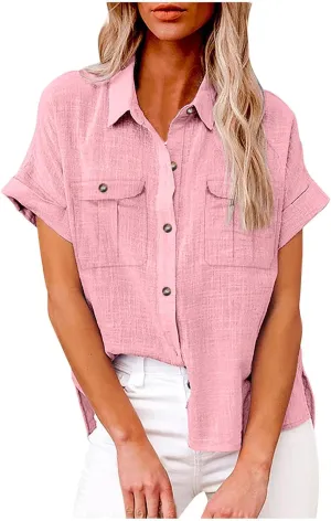 Cotton Linen Button Down Shirts for Women Short Sleeve Collared Summer Tops Dressy Business Casual Pockets Blouses
