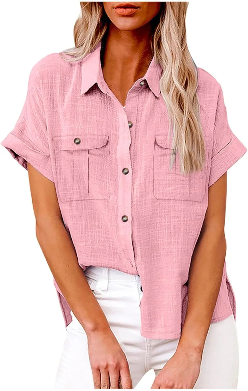 Cotton Linen Button Down Shirts for Women Short Sleeve Collared Summer Tops Dressy Business Casual Pockets Blouses